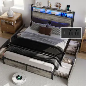 Full Size Bed Frame with 4 Storage Drawers and Headboard with Charging Station and LED Lights,2 Tier Solid Wood Headboard Storage,Noise Free,Easy Assembly- Grey