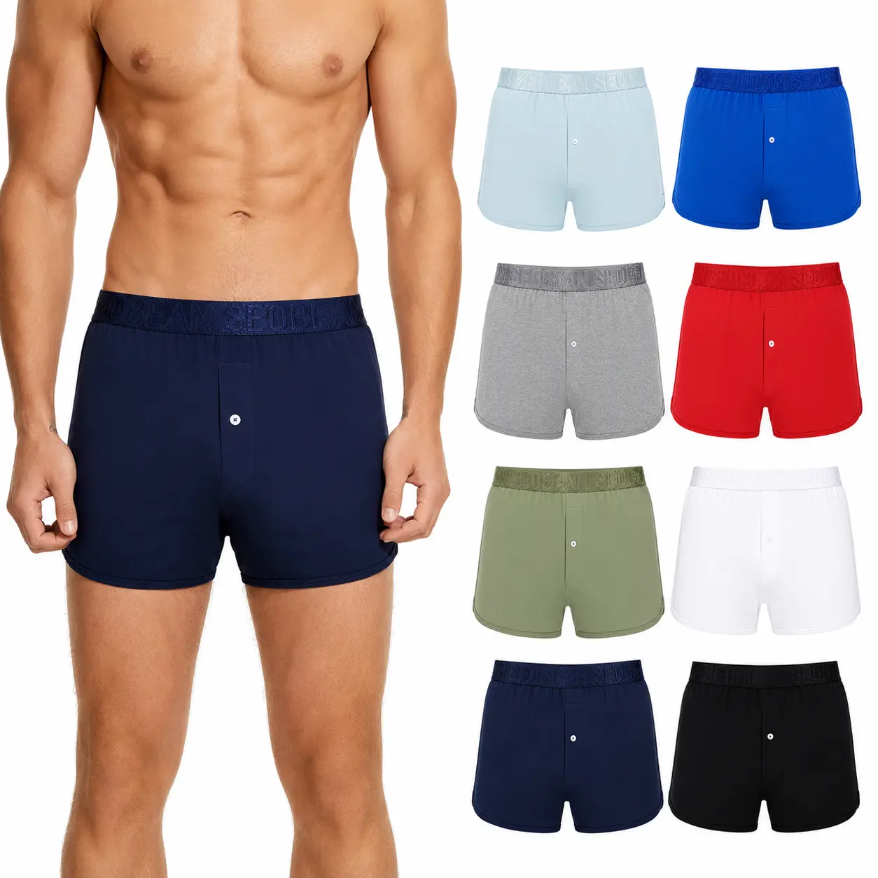 SEOBEAN Men’s Classic Cotton Spandex Boxer Shorts, Soft Breathable Relaxed Loose Fit Underwear with Stretch Waistband & Button Fly, Lightweight Day Lounge Sleep Shorts, Solid Colors -230505