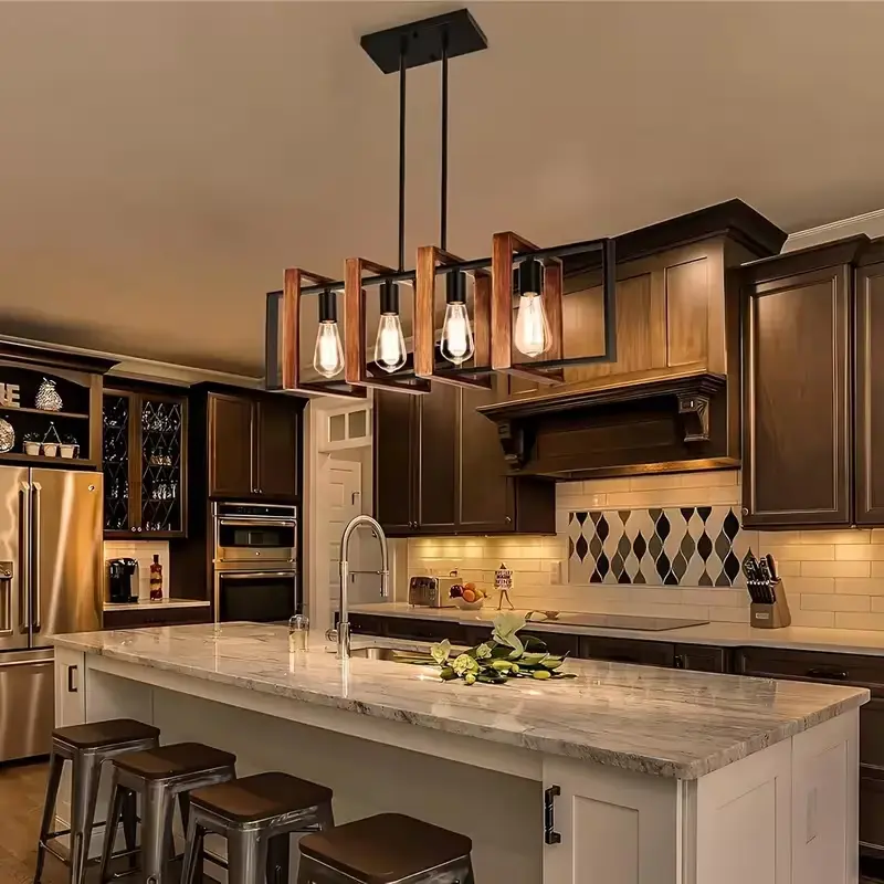 2026 Modern Industrial 4-Light Farmhouse Semi-Recessed Ceiling Chandelier, Polished Black Metal Finish (No Bulbs) Dimmable Chandelier Indoor Room Lights for Kitchen Island Dining Room lights for bedroom