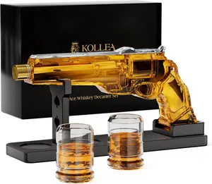 Kollea Valentine's Day Gifts Gun Whiskey Decanter Sets for Men, Lead-Free Glass with 2oz Glasses, Unique New Year & Birthday Gift Idea for Dad, Husband, and Him, Wooden Display Stand, Perfect Anniversary Stuff Gift