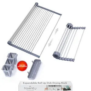 Havenity Expandable Stainless Steel Over-The-Sink Dish Drying Rack, Collapsible Roll-Up Organiser with 2 Removable Baskets, Silicone Versatile Draining Boards, Gray 12.8"-22.8" for Kitchen Counter & Cabinet