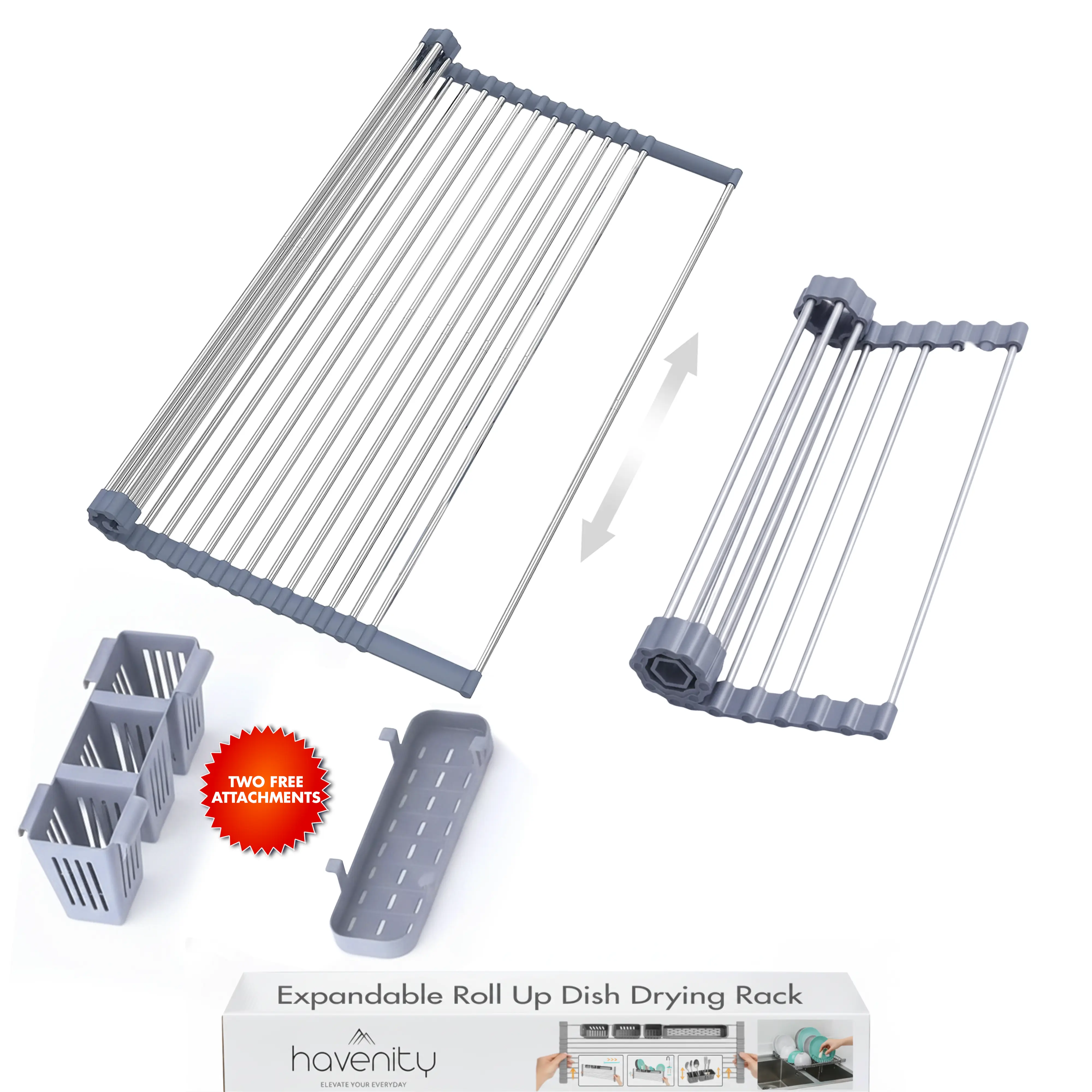 Havenity Adjustable Stainless Steel Over-The-Sink Dish Drying Rack, Expandable Collapsible Roll-Up Kitchen Organizer with 2 Removable Baskets & Silicone Draining Boards (12.75"-22.8" W, 22.8" D, 0.39" H, Gray) for Counter & Cabinet