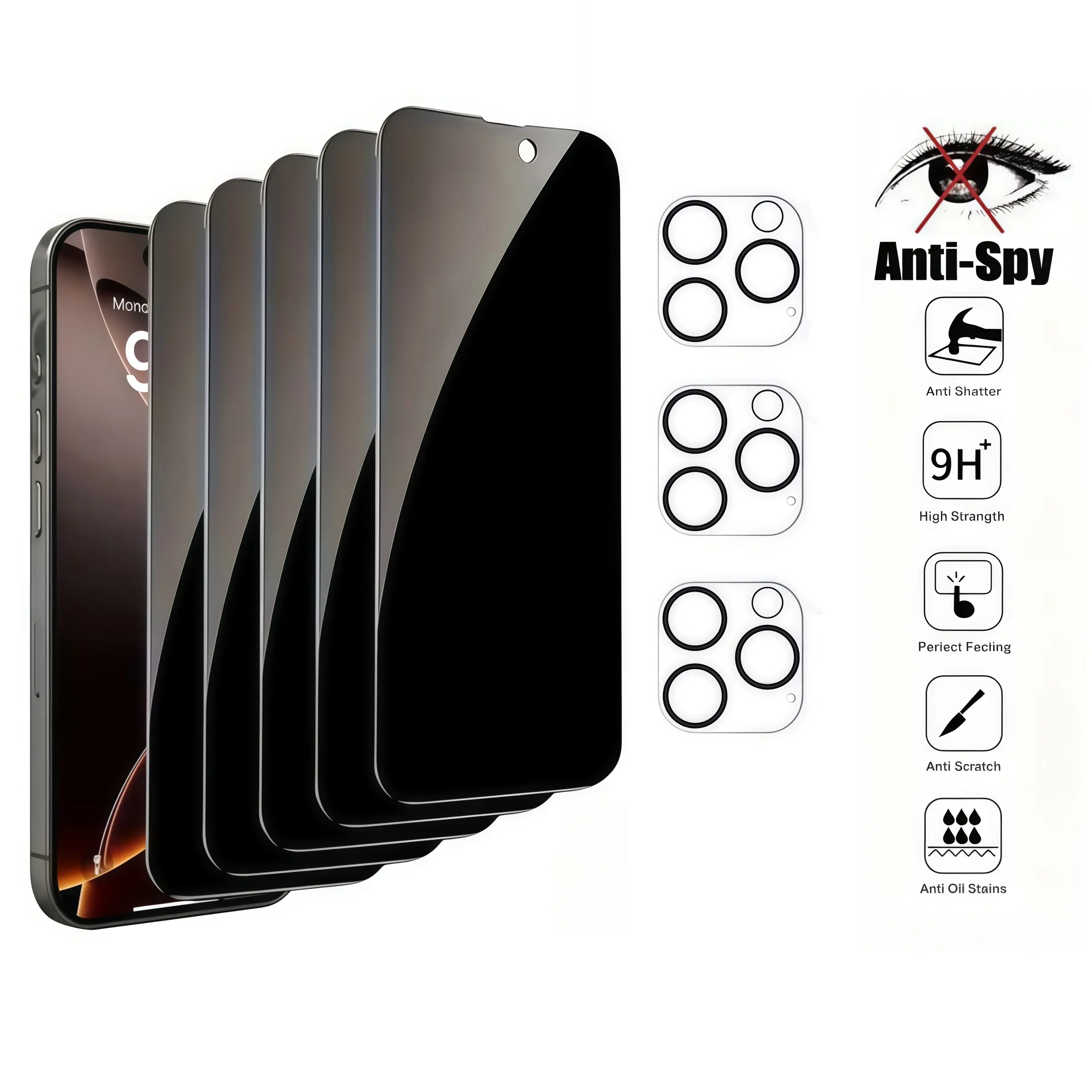 8-in-1 Smartphone Privacy Screen Protector & Lens Guard Pack (5 Pieces + 3 Lenses) - Tempered Glass, Anti-Spy, Scratch-Resistant, Full-Coverage Camera Protection for iPhone 13/14/15/16/16e/17 Plus Air Pro Max, Bubble-Free for Handheld Cellphone Devices, P
