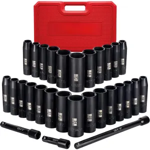 1/2-Inch Drive Impact Socket Set, 29 count, 6 Point, SAE/Metric, (3/8" - 1", 10mm - 24mm), Deep, Cr-V Steel, Includes 3", 5", 10" Extension bars