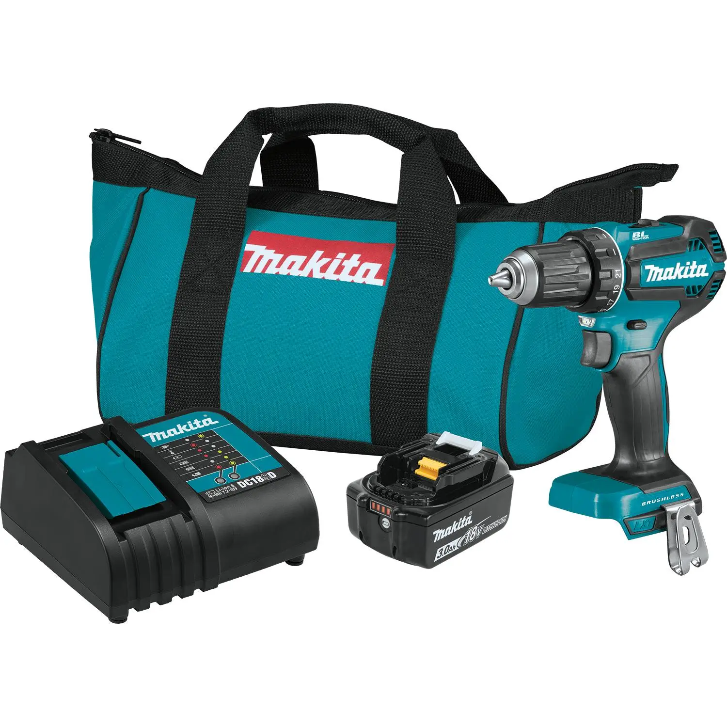 Makita XFD131-R 18V LXT All-Metal Brushless 1/2" Cordless Power Drill Set - Rechargeable Cordless Drill Driver Kit with 3.0Ah Batteries & Rubber Grip (Factory Reconditioned), Built-In Led Light