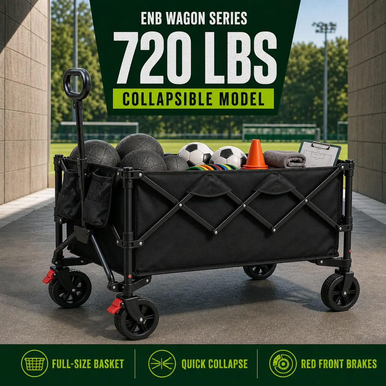 Heavy-duty foldable carbon steel sports equipment transport cart with 360° all-terrain capability, suitable for track & field equipment, team training, school athletic events, stadium workouts, competitions, shopping, and travel; no assembly required.