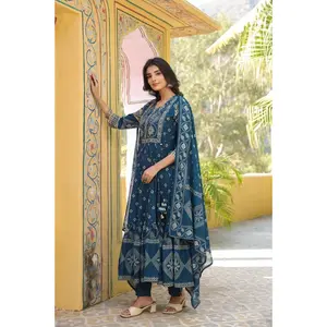 Block-Print Indian Flare Anarkali Ethic Cotton Suit