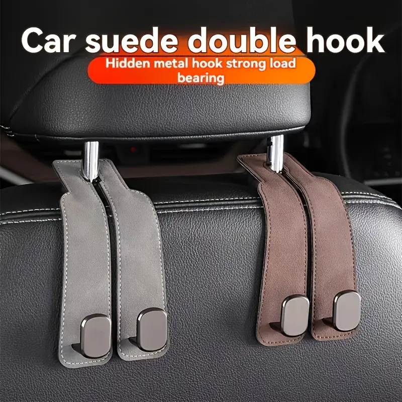 PU Leather Universal Car Seat Backrest Hook Cover Organizer with 2 Hidden Double Hooks, Car Headrest Hanging Bag, Double Hook