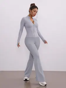 Elegant Striped Zipper Design Top + High-Waisted Flared Pants Set, Casual Fitted for All Seasons, Unique Style Womenswear Clothes