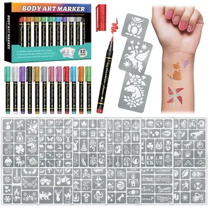 Temporary Tattoo Markers Kit for Skin 12 Metallic Body Markers 169 Large Stencils for Teens Adults Flexible Brush Tip Bright Colors Cosmetic Grade Ink DIY Body Art Painting Vibrant Metallic Colors Versatile Designs - Sheet