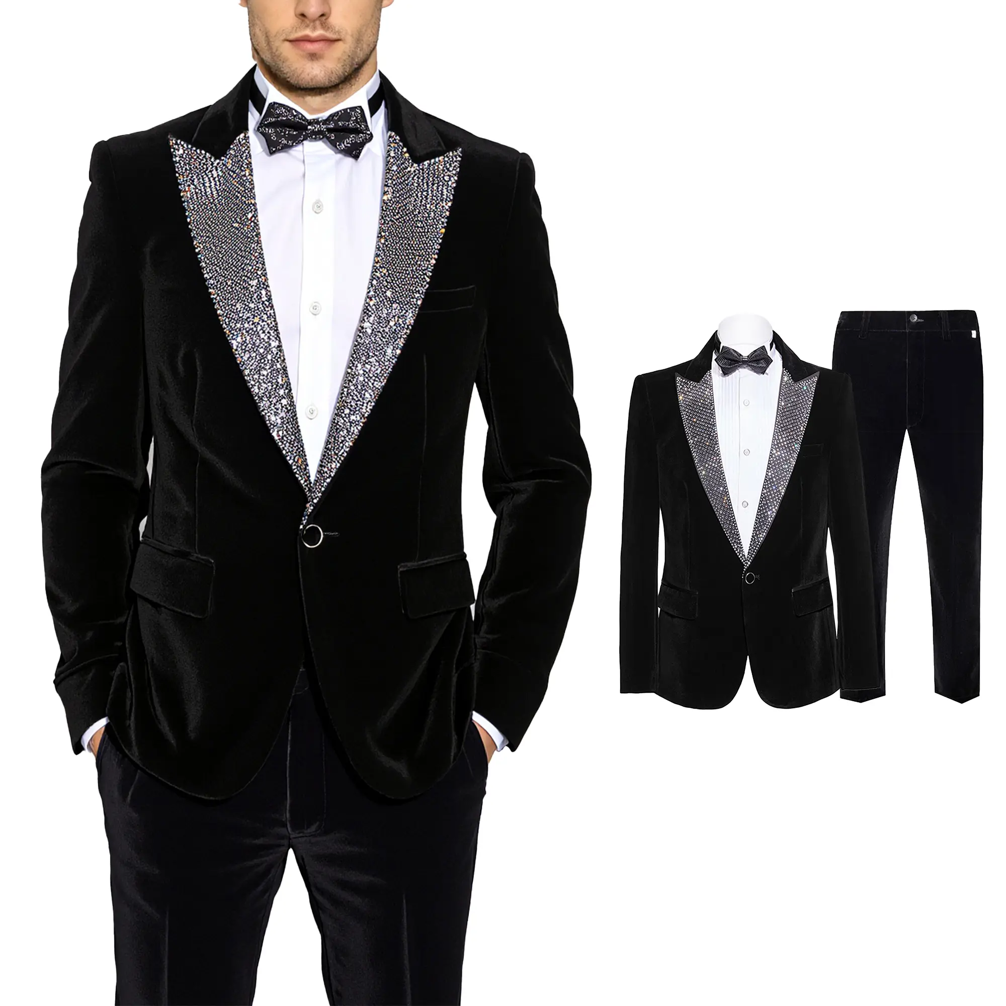 Men’s Velvet Tuxedo Suit Set – Slim Fit Blazer and Pants with Sequin Shawl Lapel, Formal Outfit for Wedding, Prom & Party