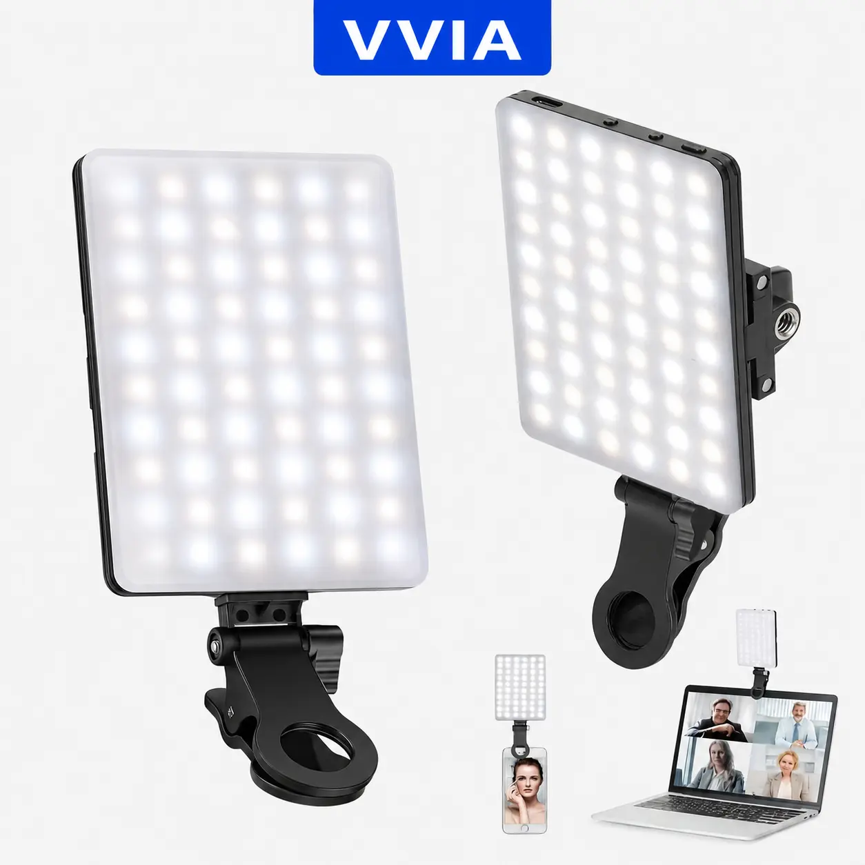 60 LED High Power Rechargeable Clip Fill Conference Light with Front & Back Clip, Adjusted 3 Light Modes for Phone, iPhone, Android, iPad, Laptop, for Makeup,Selfie, Vlog Cellphone Adjustable