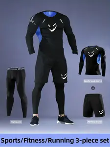 Men's 3 Piece Sports Set, Compression Breathable Mesh Long Sleeve Top, Quick Dry Tight Pants and Pocket Shorts, High Elasticity