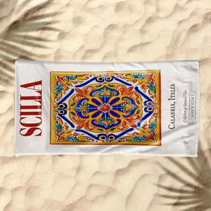 1 piece Traditional Italian Calabrian painted tile design themed beach towel - Super soft fluffy flannel sofa blanket, suitable for beds and sofas, all-season use, modern design, digital printing, 100% polyester material, machine washable, suitable