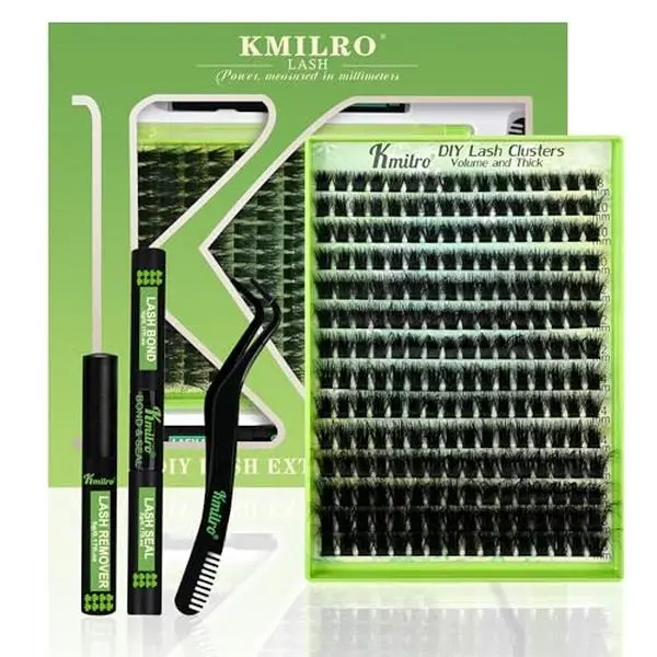 Kmilro Lash Clusters Kit 8-18mm Volume Cluster Eyelash Extensions Kit Thick Eyelash Clusters 224Pcs Individual Lashes Soft Wispy False Eyelashes Ultra-Thin Black Band DIY Lash Extension Kit