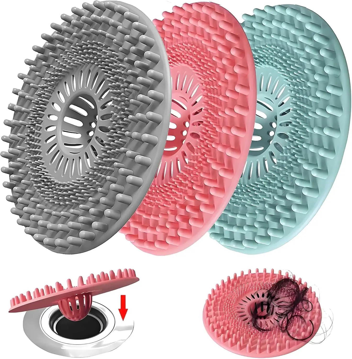 Hair Catcher Shower Drain, Sink Drain Strainer, Bathroom Silicone Bathtub Drain Cover, Bath Tub Kitchen Accessories Trap Collector Remover Protector Stopper Essentials 3 Pack (Patented)