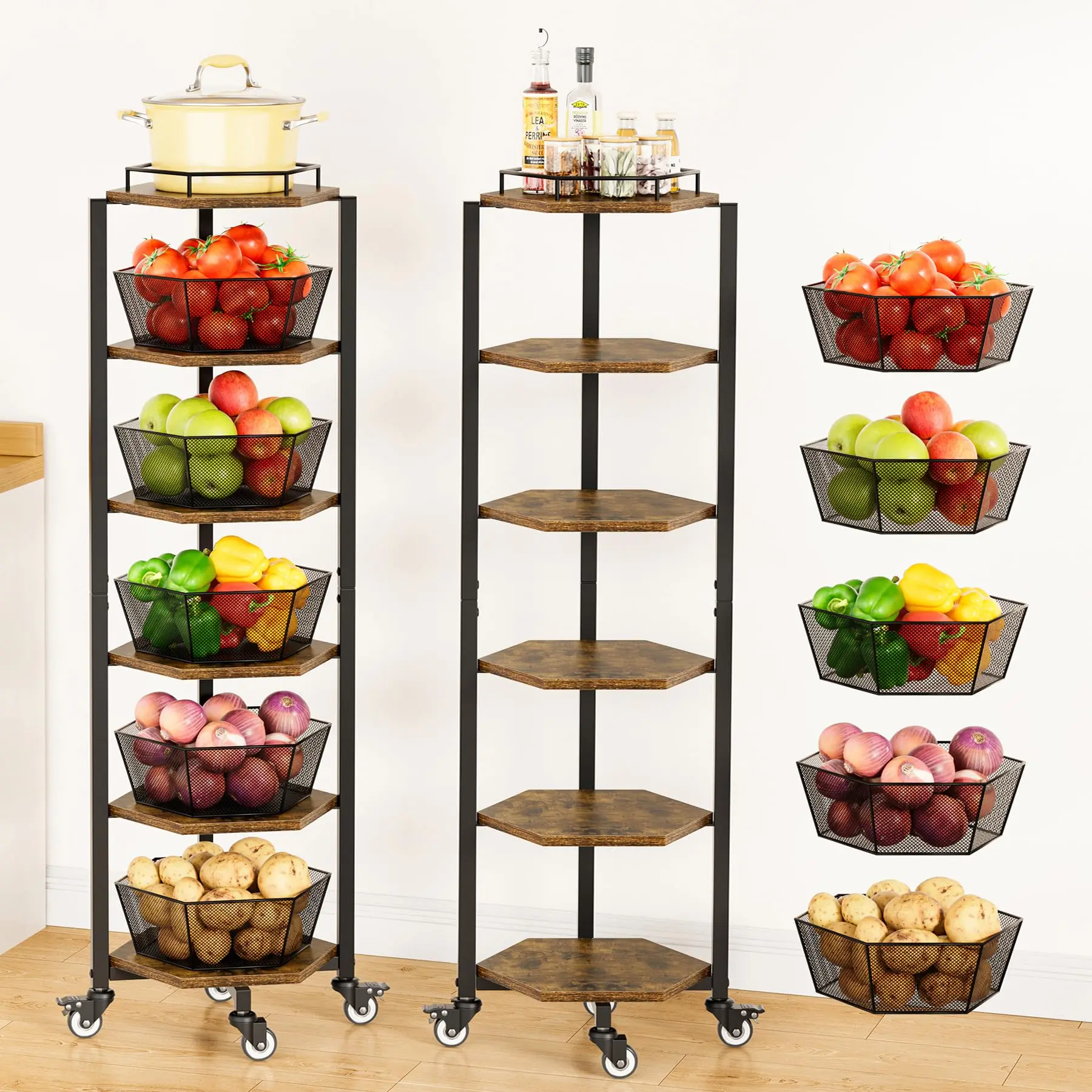 POZILAN 5-Tier Rolling Fruit and Vegetable Storage Basket with Wood Top, Heavy-Duty Metal Hexagonal Grid Functional Rack for Produce Storage, Onions, Potatoes, Compact Fit for Daily Use Kitchen Organization, Kitchen Utility