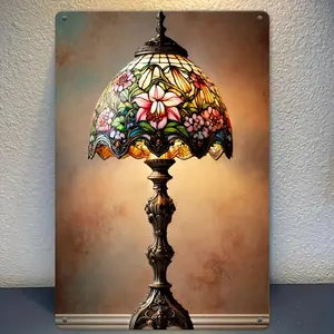 Metal Sign: Vintage Floral Glass Table Lamp - 8x12" Wall Art for Home, Bedroom, Cafe, Bar, and Garage Decor, Perfect for Room Decor