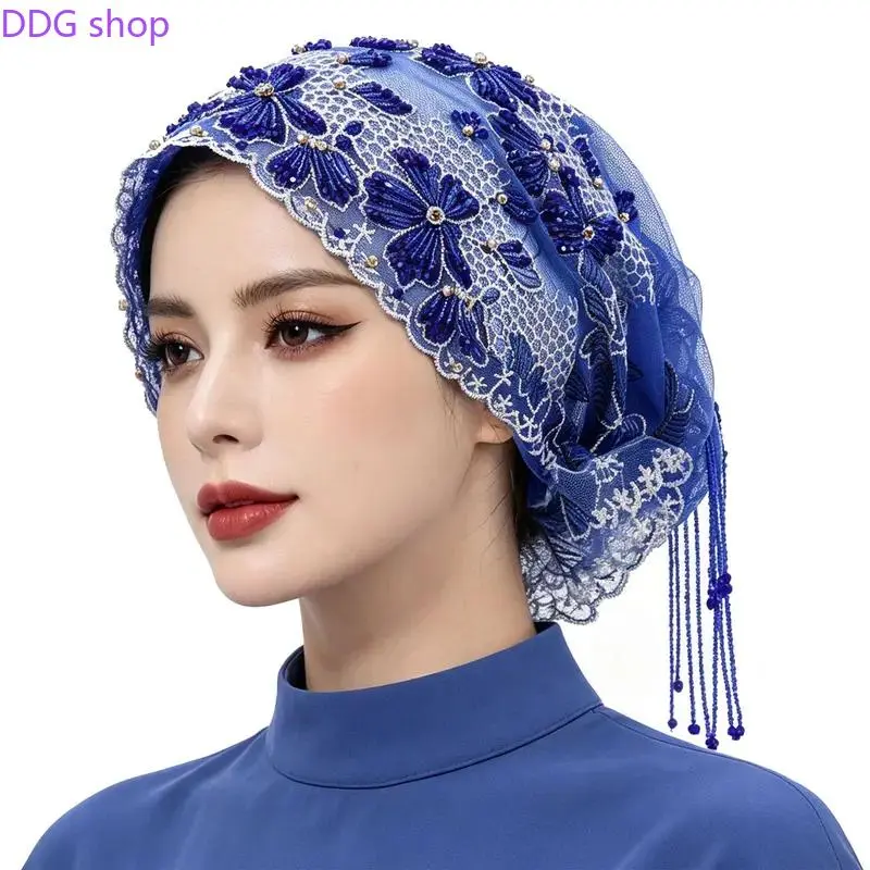 Women's Soft Knit Yarn Turban Hat - Handmade Beaded Fringed Boutique Headscarf, Fashion Head Wrap, Versatile Sports Headband for Casual Parties & Daily Wear