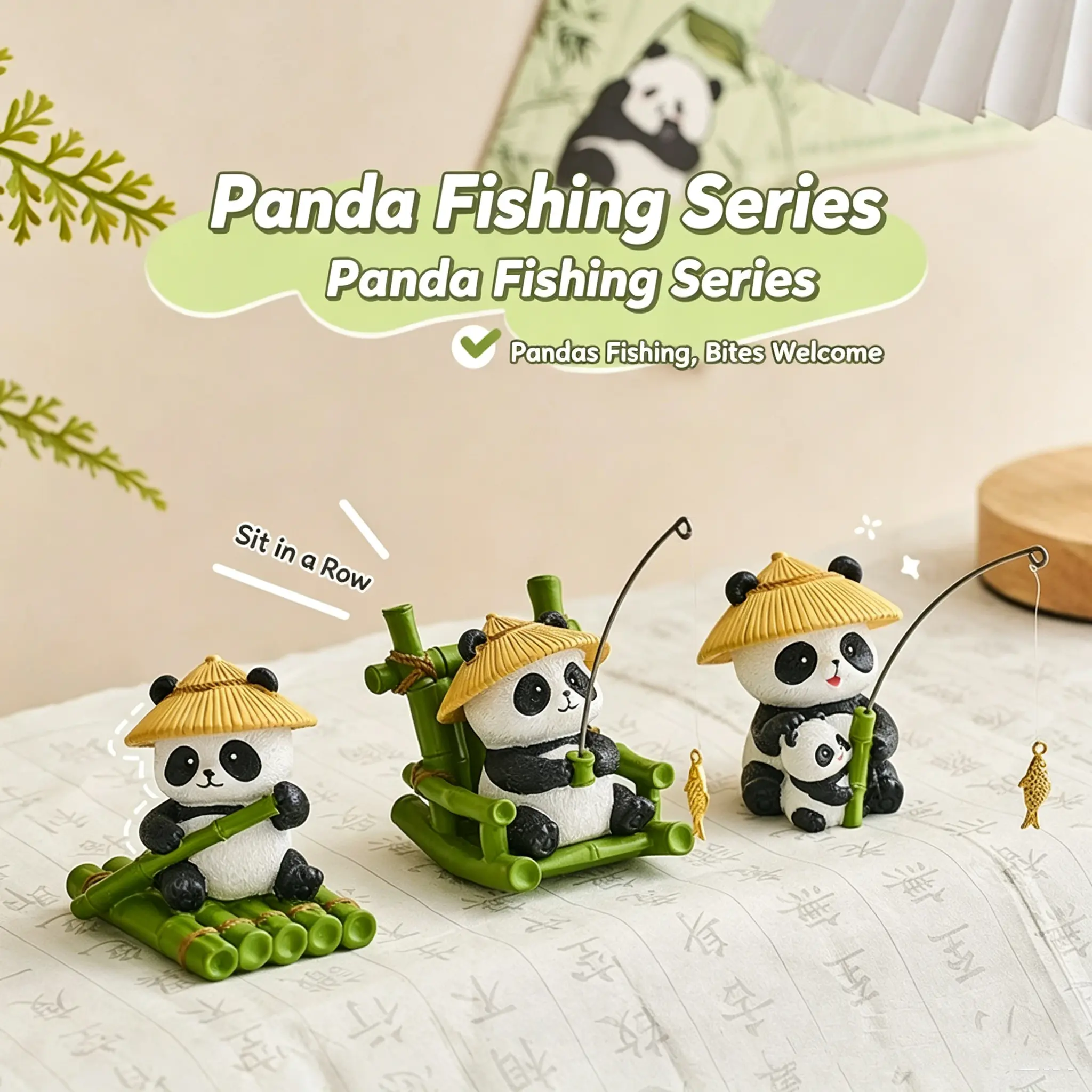 Polyresin Buddha-Style Panda Fishing Figurine, Decorative Desk Decor Figurines & Miniatures, Box Pack Office Workstation Ornament, Home Decor Gift, Plastic