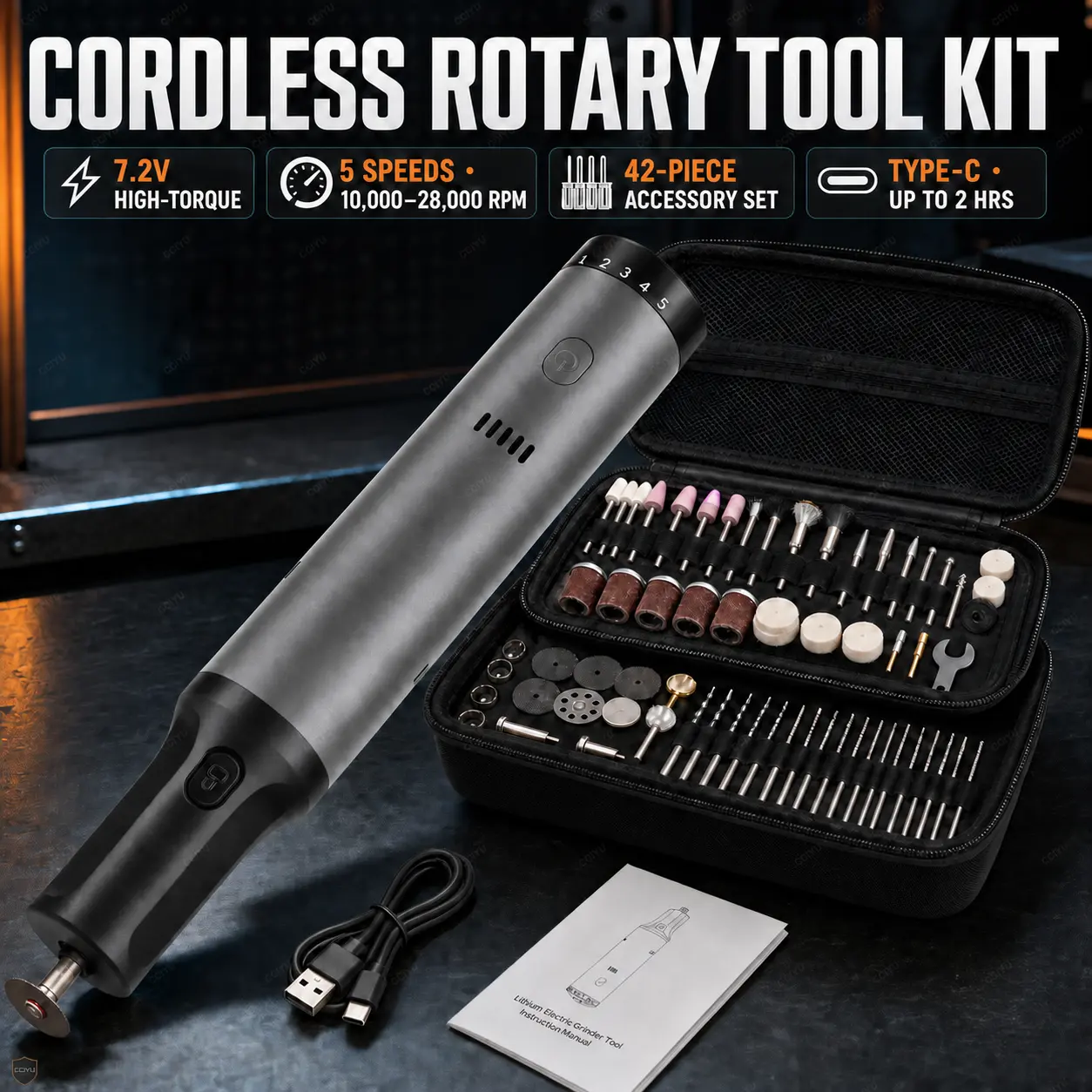 【DealsForYouDays】CCIUY 7.2V Brushless Cordless Rotary Tool Kit, 28000 RPM with Revostor Hub, 42 Accessories, Multi-Speed Portable Lightweight Drill Bits, Advanced Cooling System, User Manual for 3D Printer Maintenance, Carving, Compact Comfortable Design