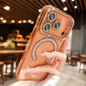 junk phone case New Bling Crystal Lens Film Transparent Magnetic Wireless Charging Case For iPhone 17 17Pro 17 Air 17 Pro Max Diamond Cover
