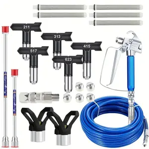 17-Piece Airless Paint Spray Gun Set, Paint Spraying Tool with Blue Handle, Swivel Joint, and 211, 313, 415, 517, 623 Tips - Includes 2 Tip Guards, 5 Filters, and 7.87inch/11.81inch Extension Rods