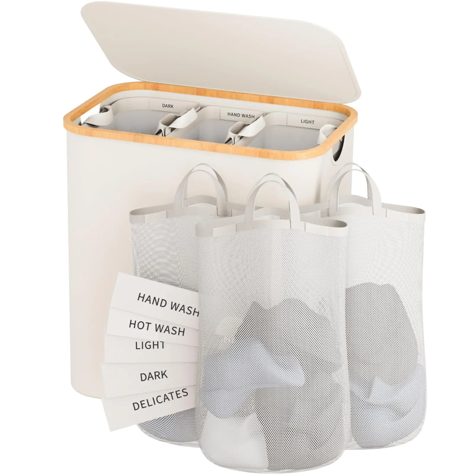 Bamboo Laundry Hamper with Lid 160L Super-Size Beige Black Dark Grey 3 Sections Extra Large Removable Inner Bins & Labels