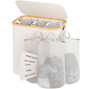 Bamboo Laundry Hamper with Lid 160L Super-Size Beige Black Dark Grey 3 Sections Extra Large Removable Inner Bins & Labels