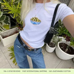 Painted Olives in Blue Bowl Baby Tee, 90s Mediterranean Aesthetic Cotton Shirt