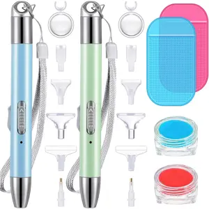 2 count  Painting Art Drill Pen with Light  Painting Accessories and Tools 12 Pen Heads 2 Anti-slip Mats 2 Wax Organizer Cases for DIY Craft Supplies(Blue, Green)