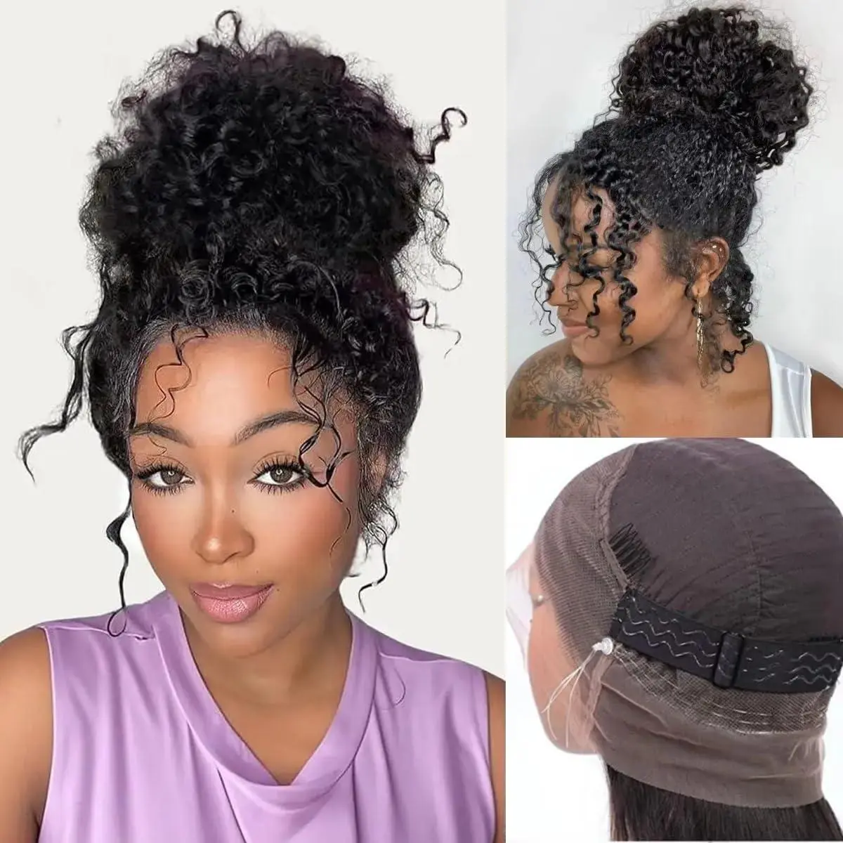 Kinky Curly 360 Glueless Lace Front Wigs Human Hair Invisi Strap HD Full Lace Front Wigs Human Hair Pre Plucked with Drawstring 180 Density Curly Wig (360-Curly Wave Wig, 28 Inch)