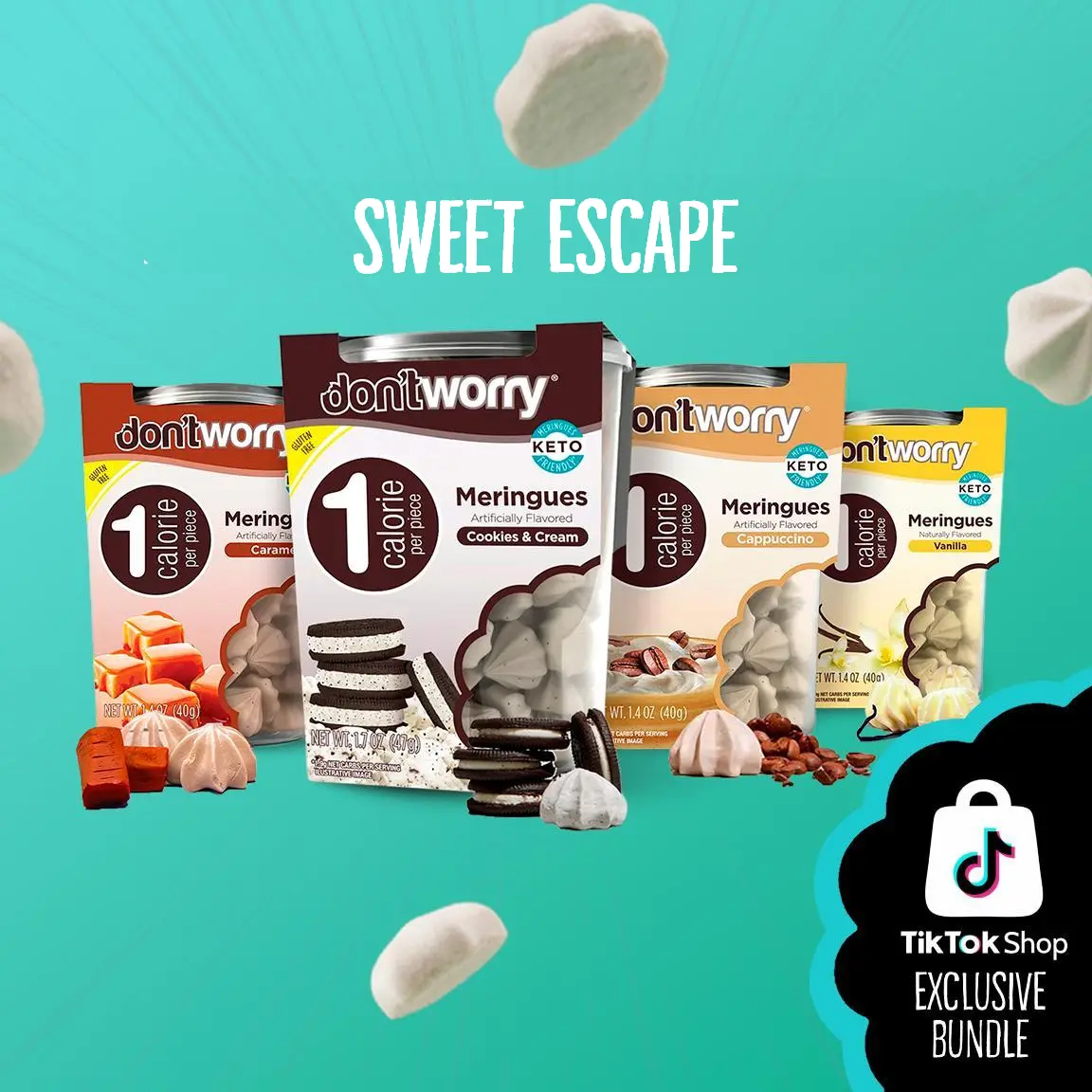 Gluten-Free Meringue Cookies Variety Pack Sweet Escape - 1 Calorie per Piece, Snacks for Adults, Low Sugar, Dairy Free, Flavors: Cookies & Cream, Caramel, Cappuccino, Vanilla Meringue with Cookie Crumble