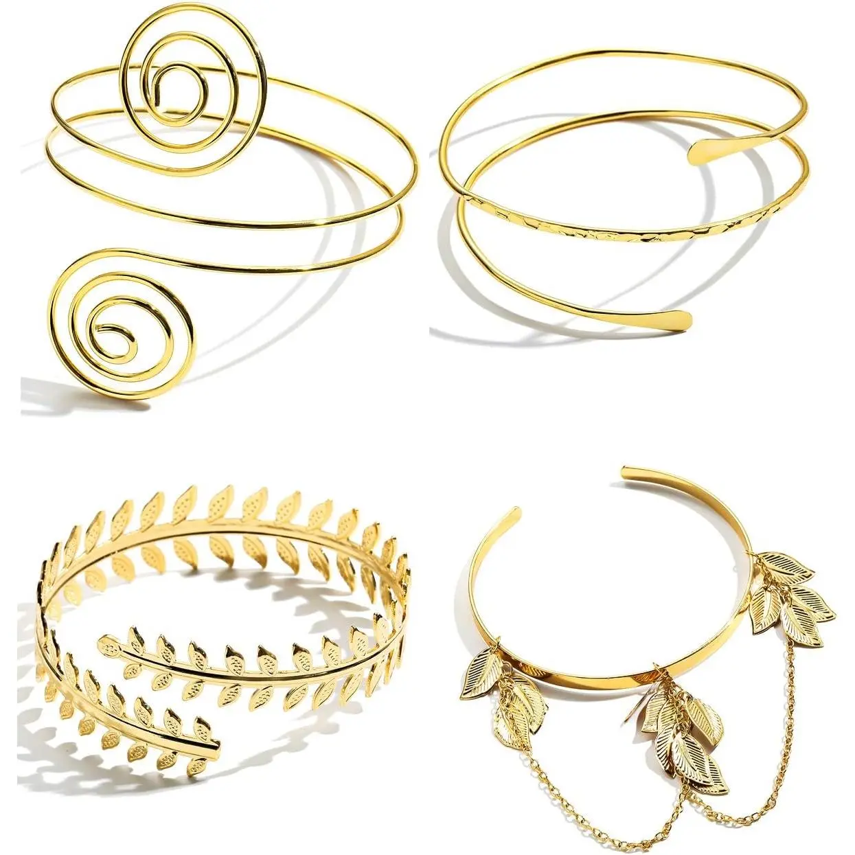 Women's 4-Pack Geometric Swirl Metal Adjustable Coil Upper Arm Cuffs, 8cm Dainty Gold Arm Bands Bracelets & Bangles, Party Wear Fashion Costume Jewelry (Matching Couple Bracelets Compatible)