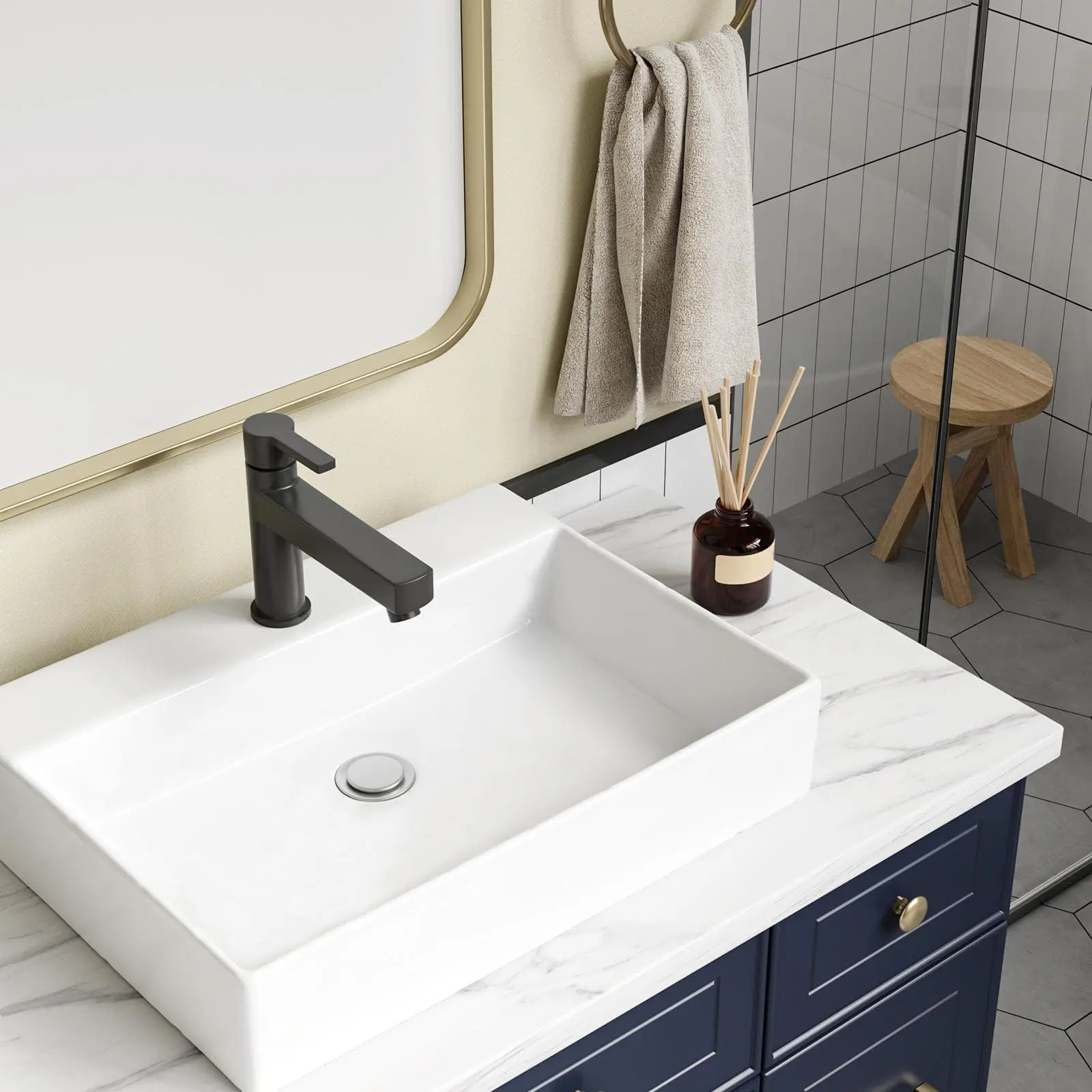 Garvee Elegant Rectangular White Ceramic Container Sink - High-Density Ceramic, Easy-to-Clean, Countertop Top-Bottom Installation, 51x45x13cm, Suitable for Home & Commercial Use