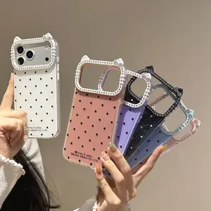 Sparkling diamond cat ear case suitable for iPhone 17 Pro Max, polka dot pattern anti-drop protective cover for iphone  17 Pro/16pro/15promax/14/13
