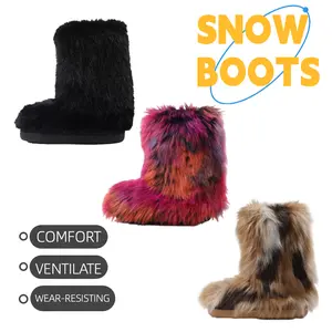 Women's imitation leather boots, furry round toe snow winter women's boots, comfortable plush warm short outdoor flat shoes, small leg boots