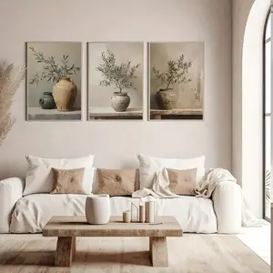 3 elegant olive trees and vintage vase canvas prints, modern living room and bedroom decoration 2D flat printing frameless paintings Artwork