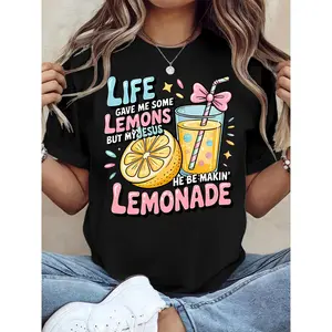 Women's Fun Christian Faith T-Shirt- "Life Gave Me Lemons, But Jesus Made Lemonade" Bible Verse Design with Lemon and Lemonade Print, Breathable Short Sleeve Round Neck Casual Top, Light Yellow Inspirational Christian Clothing