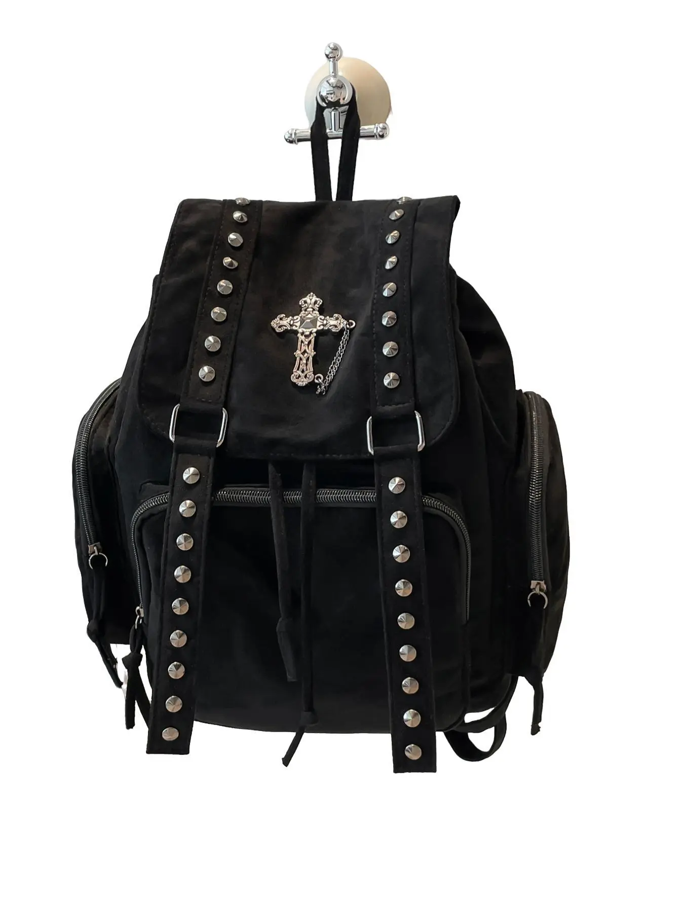 Gothic Vintage Rivet Backpack, Cross Chain Decoration, Punk Street Style, Casual Plain Design, All Seasons, Unisex Bag, Stud Bookbag