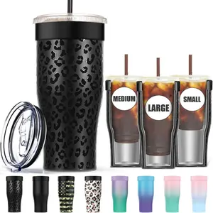 PLL Universal Iced Coffee Sleeve - Upgraded Double Wall  Stainless Steel Holder Sleeves Insulator for Cold Drinks Fits  Dunkin Donuts McDonalds Small Medium Large Cup (Black Leopard)
