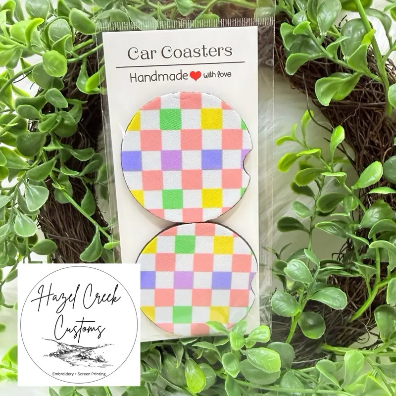Girly Rainbow Checkered Car Coasters