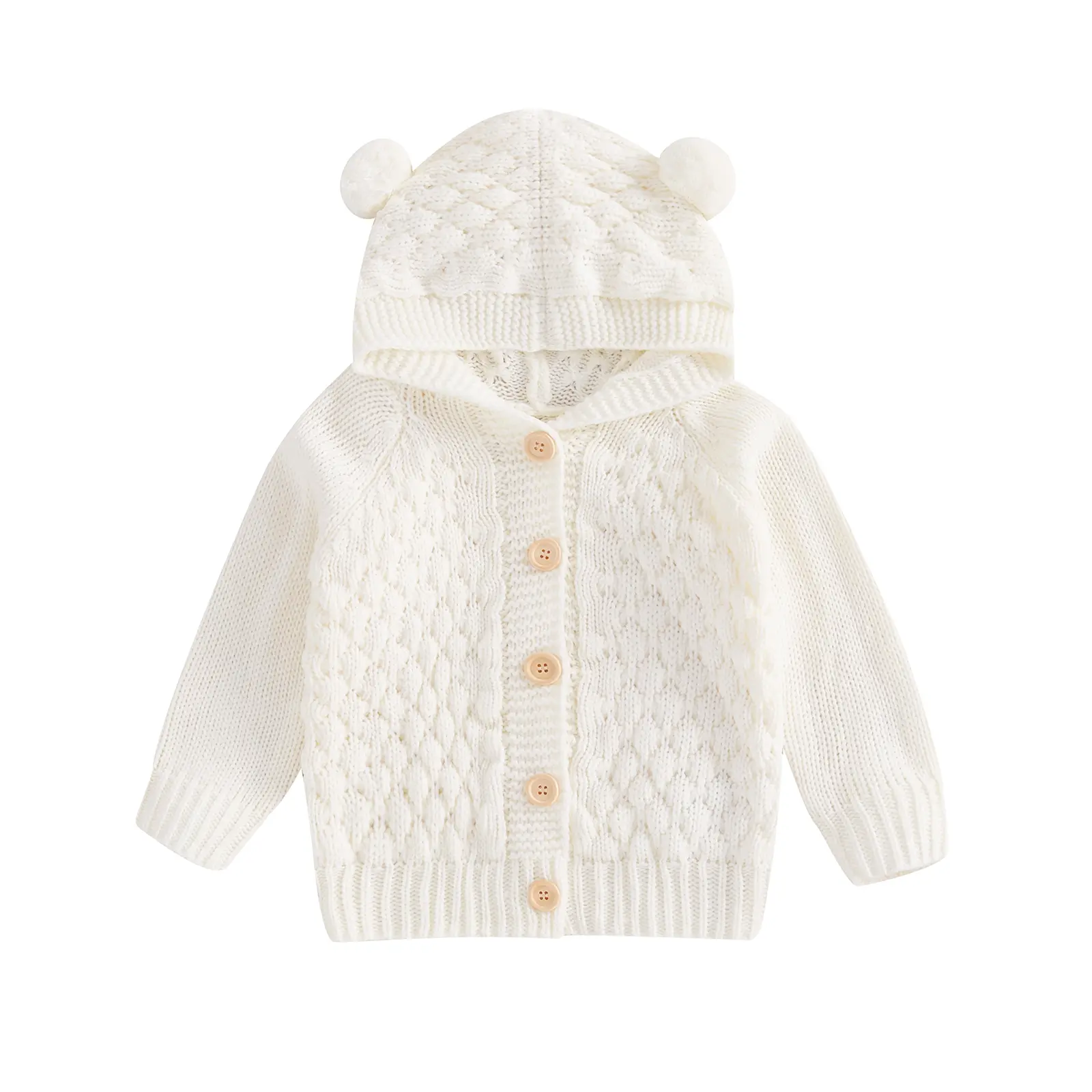 Unisex Baby Hooded Coat with Bear Ears, Plain Knitted Polyester Thermal Outerwear, Regular-fit Long Sleeve Casual Wear for Infants 3-6M, 6-12 Months