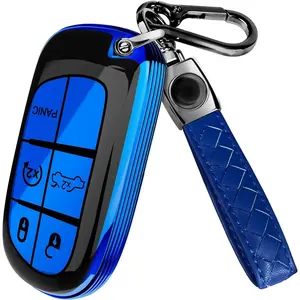 Compatible with Dodge, Jeep, Chrysler Key Fob Cover & Leather Keychain, 5 Buttons Keyfob Case for Ram Charger Dart Durango Journey (2011-2025) - Blue and Black