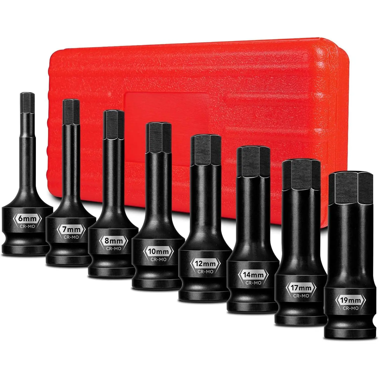 8-Piece 1/2 in Drive Impact Allen Socket Set, Metric Hex Sockets (6 mm-19 mm) Heat-Treated Drop-Forged Chromium-Molybdenum Steel Auto Repair Tools, Rust-Resistant Black Phosphate Coating, High-Contrast Etched Size Markings, Heavy-Duty Storage Case, Cr-Mo