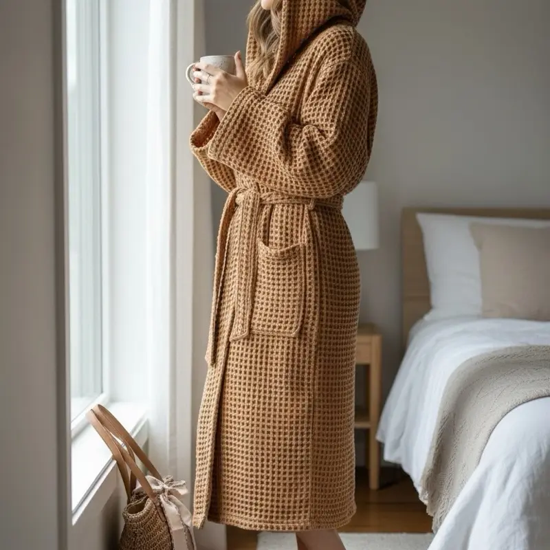 Hooded Premium Turkish Waffle Robe, 100% Cotton organic Bathrobe, Luxury Spa Robe, Lightweight Organic Cotton Robe for Women / Men (Dark gold)