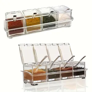 4-Piece Spice Rack Set, Multi-Compartment Transparent Kitchen Organizer, Moisture-Proof Clear Plastic Condiment Containers, Kitchen Storage, Essential for Apartments