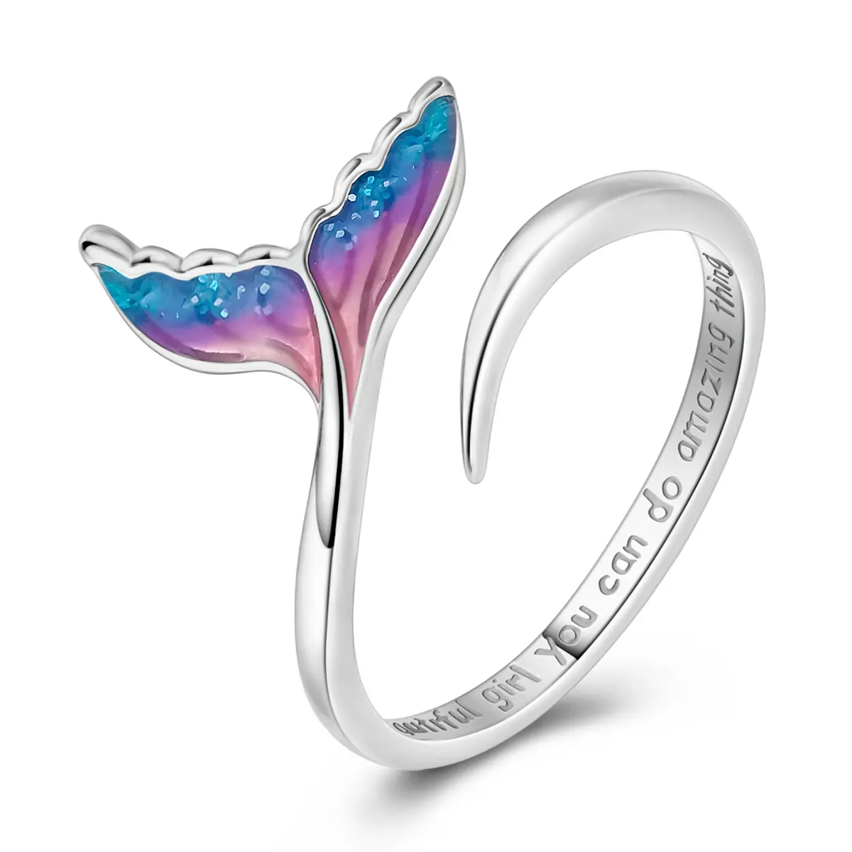 LAZA Mermaid Tail Ring for Women, 925 Silver Plated Enamel Gradient Ocean Blue, Adjustable Fishtail Open Band Ring, Beach Summer Jewelry, Engraved "Girl You Can Do Things", Fashion Jewelry for Women