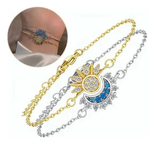 Sun and Moon Matching Bracelets for Couples, Celestial Copper Stacking Set with Gold-Tone Sun & Blue Rhinestone Moon, Adjustable Hypoallergenic Gift, Matching Bf And Gf, Lobster Claw, Lead-Free, Sibling