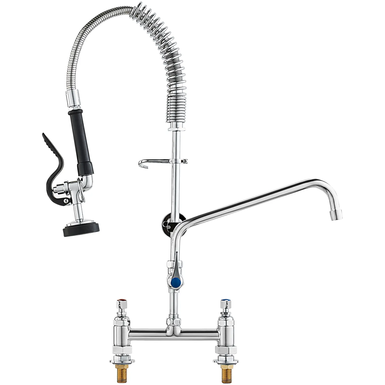 VEVOR Modern Commercial Brass Kitchen Faucet Fixtures, 26-in Height, 8-in Center, 12-in Adjustable Swing Spout, Deck Mount, High Pressure Pre-Rinse Pull-Down Sprayer, Water-Saving Tap for 1/2/3 Compartment Sinks